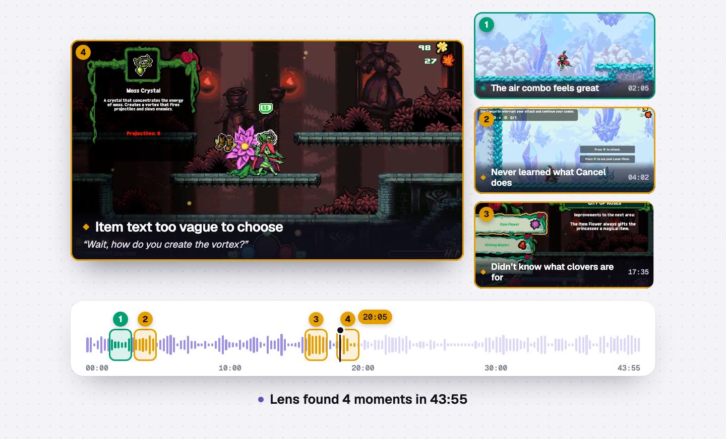 A Garden Souls Demo playtest plays above Lens's timeline. Lens finds a moment at 20:05 and zooms into the Moss Crystal card: item text too vague to choose. That clip steps aside, and three more moments open together on the timeline and as cards: 02:05, 04:02 and 17:35.